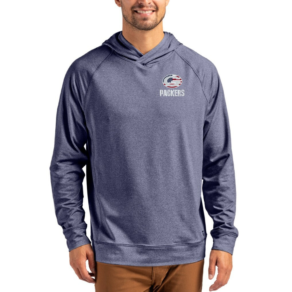Green Bay Packers Cutter & Buck Adapt Americana Knit Recycled Raglan Pullover Hoodie Heather Navy
