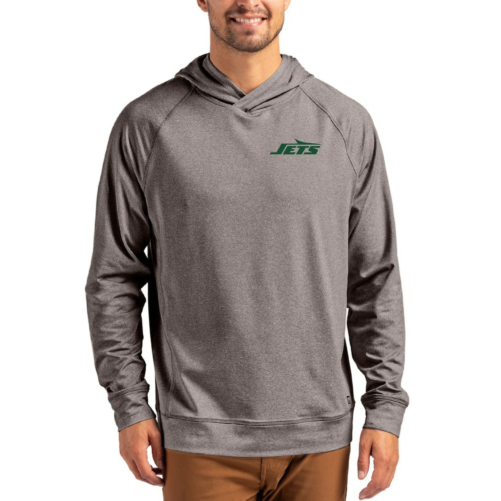New York Jets Cutter & Buck Adapt Knit Recycled Raglan Pullover Hoodie Heather Gray