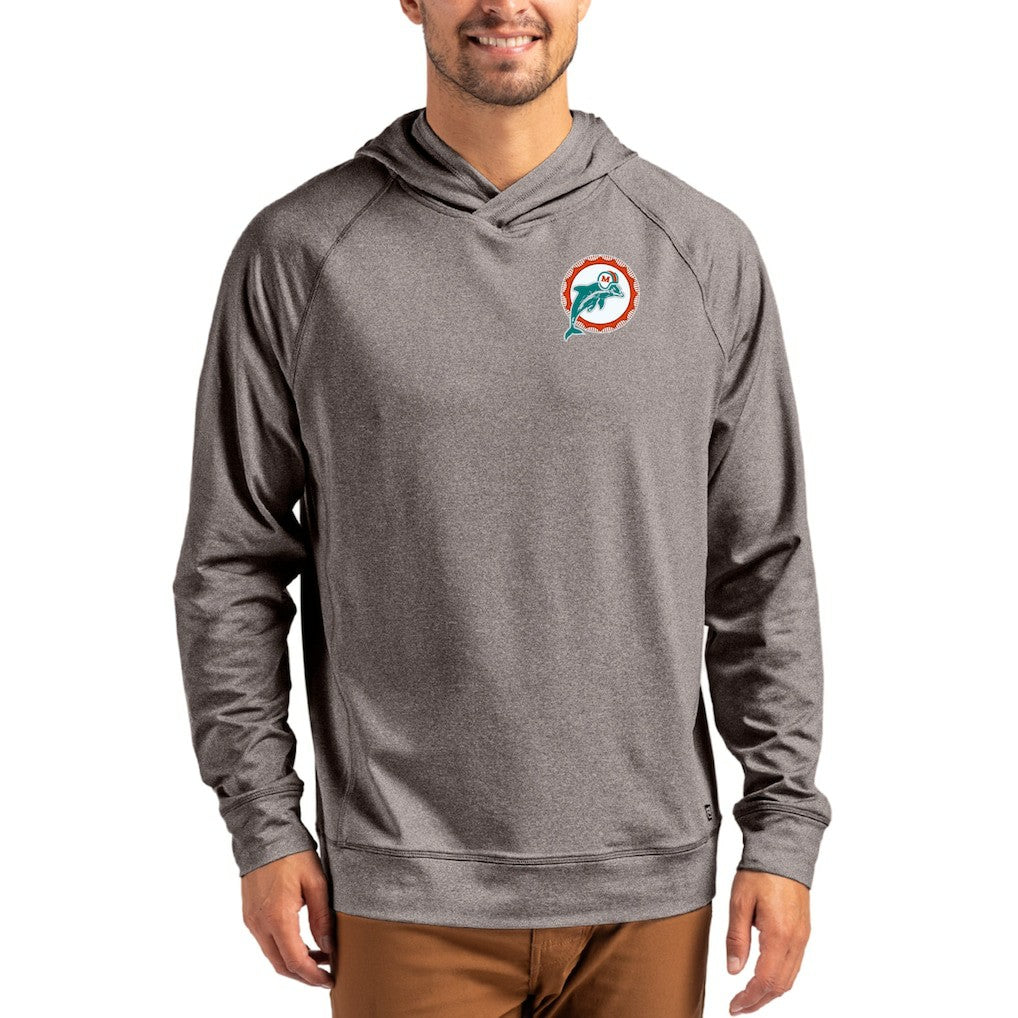 Miami Dolphins Cutter & Buck Adapt Historic Knit Recycled Raglan Pullover Hoodie Heather Gray