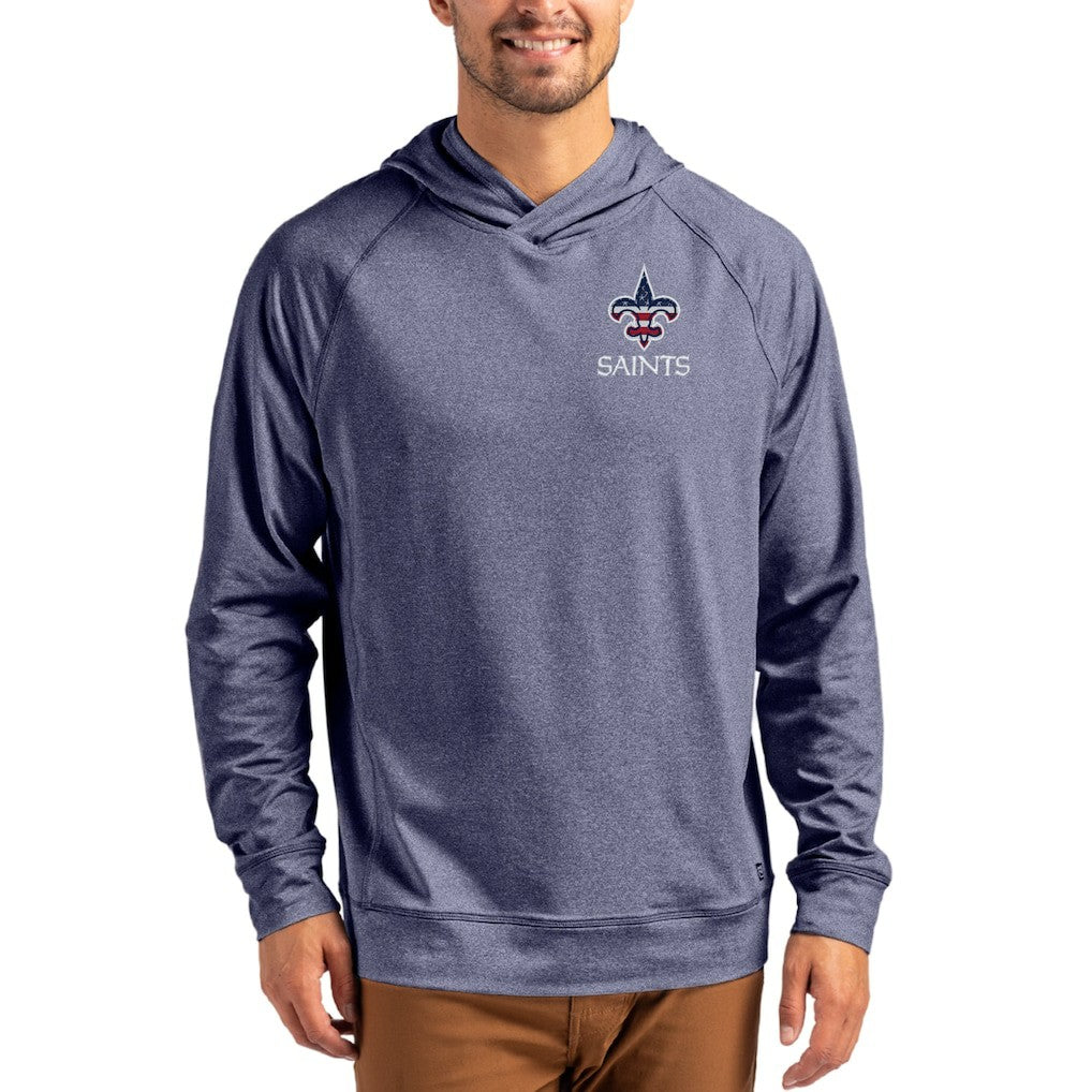 New Orleans Saints Cutter & Buck Adapt Americana Knit Recycled Raglan Pullover Hoodie Heather Navy