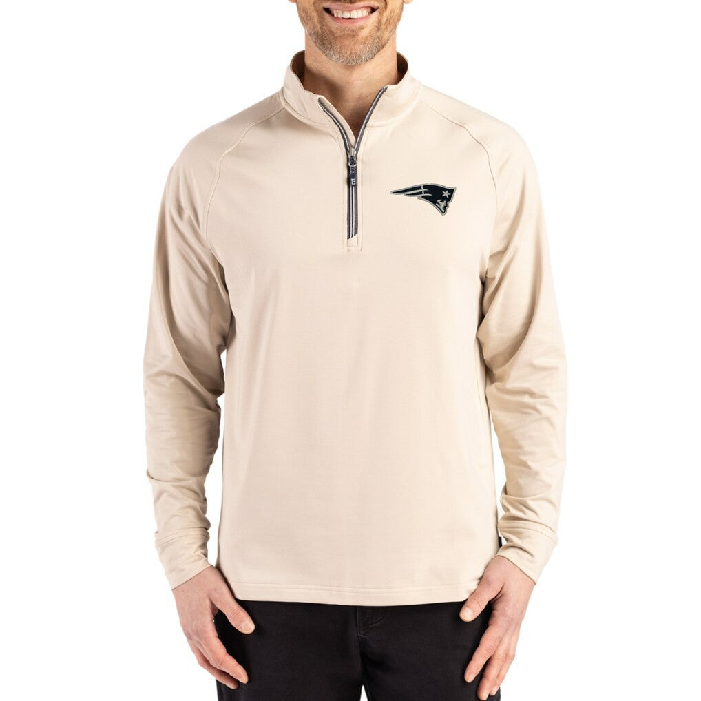 New England Patriots Cutter & Buck Adapt Eco Knit Stretch Recycled Quarter-Zip Pullover Tan