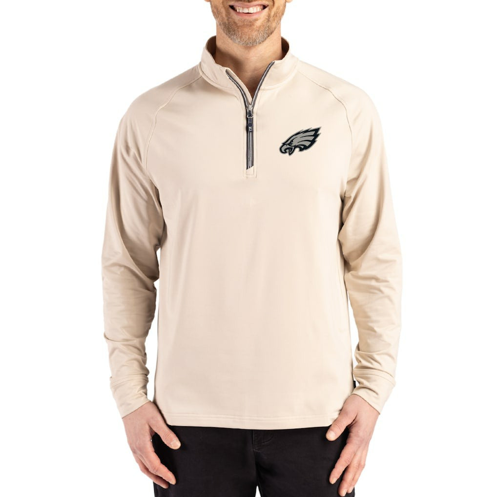 Philadelphia Eagles Cutter & Buck Adapt Eco Knit Stretch Recycled Quarter-Zip Pullover Tan