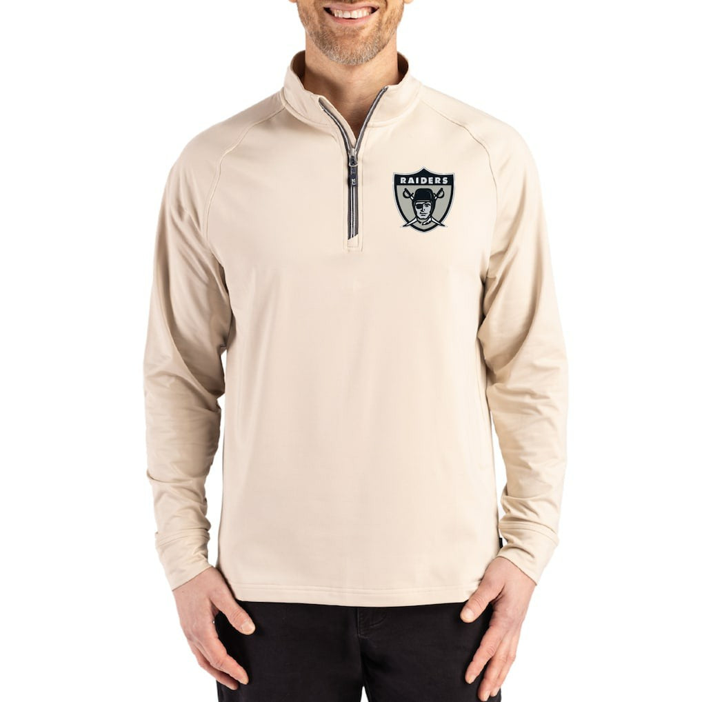 Las Vegas Raiders Cutter & Buck Adapt Eco Knit Stretch Recycled Quarter-Zip Pullover Tan