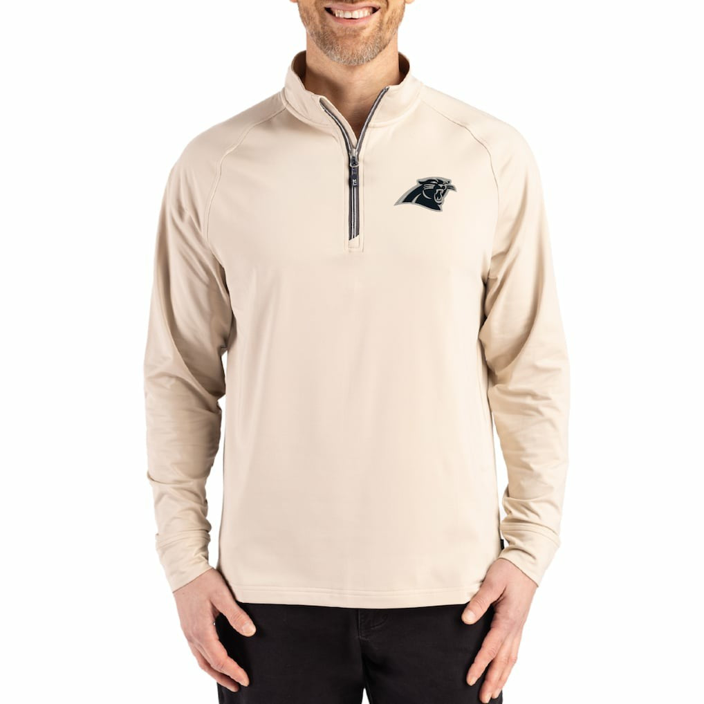Carolina Panthers Cutter & Buck Adapt Eco Knit Stretch Recycled Quarter-Zip Pullover Tan