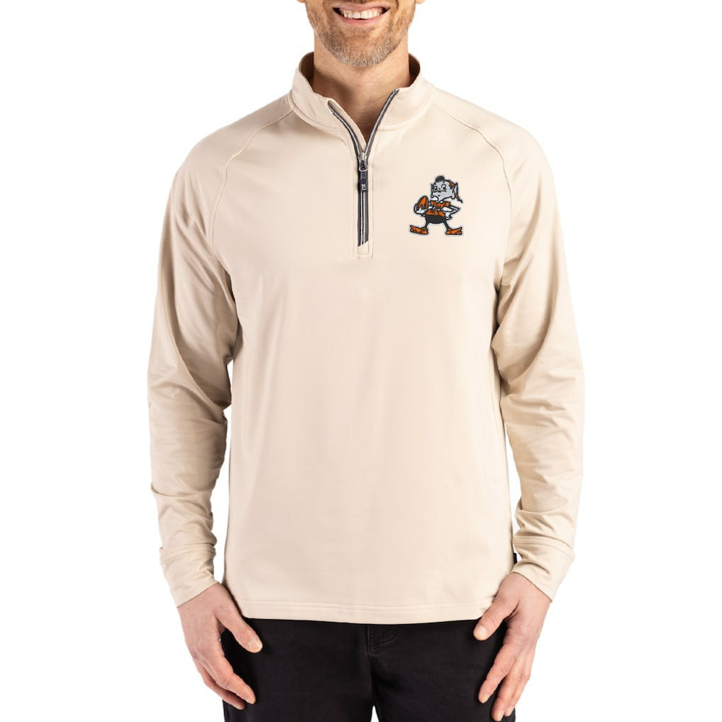 Cleveland Browns Cutter & Buck Throwback Logo Adapt Eco Knit Stretch Recycled Quarter-Zip Pullover Tan
