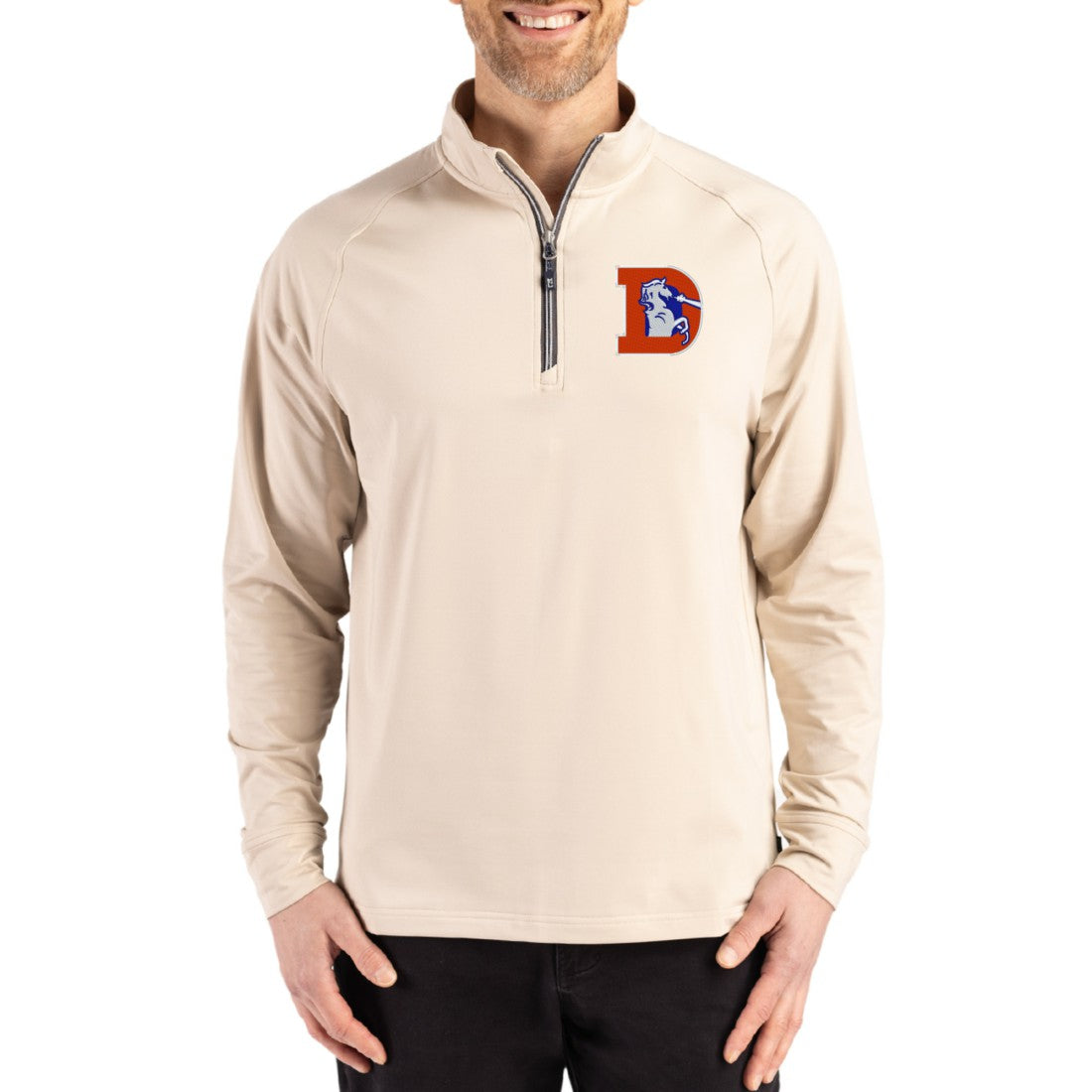Denver Broncos Cutter & Buck Throwback Logo Adapt Eco Knit Stretch Recycled Quarter-Zip Pullover Tan