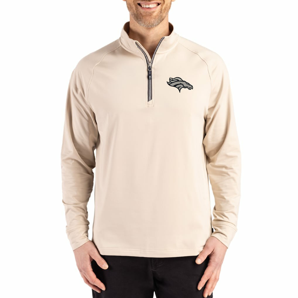 Denver Broncos Cutter & Buck Adapt Eco Knit Stretch Recycled Quarter-Zip Pullover Tan