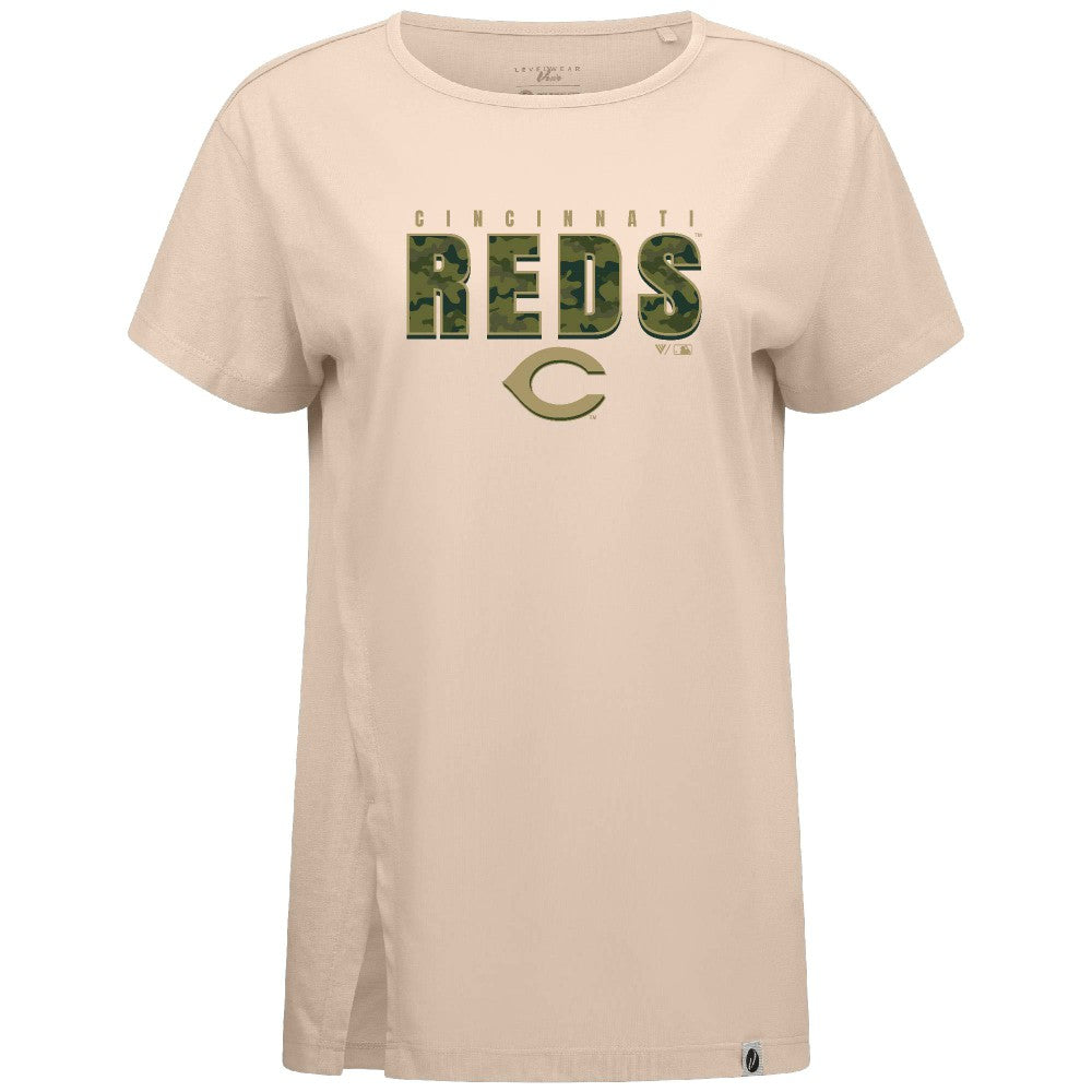 Cincinnati Reds Levelwear Women's Influx Protect W T-Shirt - Khaki - MLB Sale