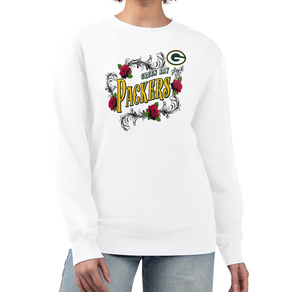 Green Bay Packers G-III 4Her by Carl Banks Women's Roses Fleece Tri-Blend Pullover Sweatshirt White