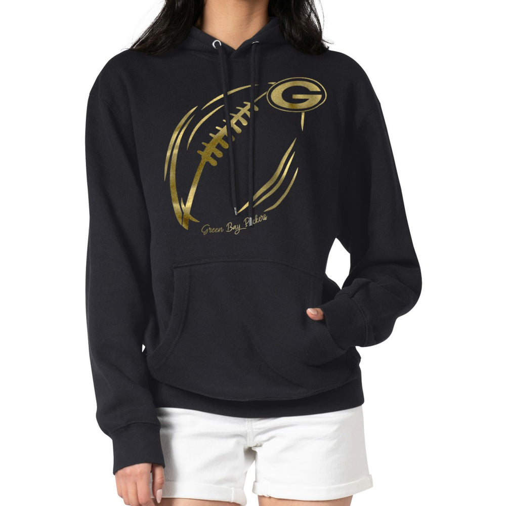 Green Bay Packers G-III 4Her by Carl Banks Women's Metallic Print Football Sketch Fleece Pullover Hoodie Black