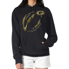Green Bay Packers G-III 4Her by Carl Banks Women's Metallic Print Football Sketch Fleece Pullover Hoodie Black