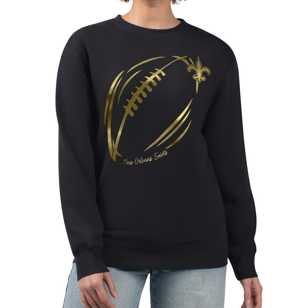 New Orleans Saints G-III 4Her by Carl Banks Women's Metallic Print Football Sketch Fleece Crewneck Sweatshirt Black