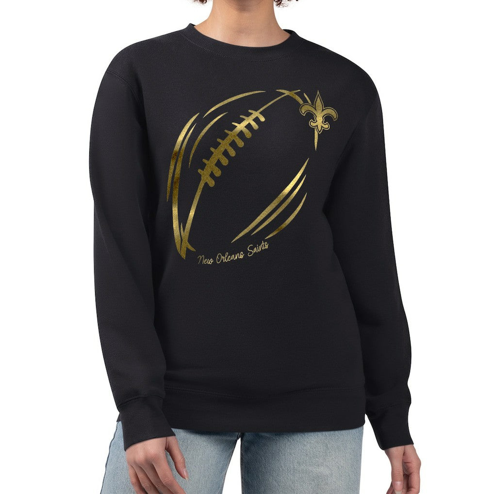 New Orleans Saints G-III 4Her by Carl Banks Women's Metallic Print Football Sketch Fleece Crewneck Sweatshirt Black