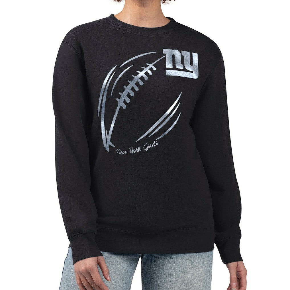 New York Giants G-III 4Her by Carl Banks Women's Metallic Print Football Sketch Fleece Crewneck Sweatshirt Black