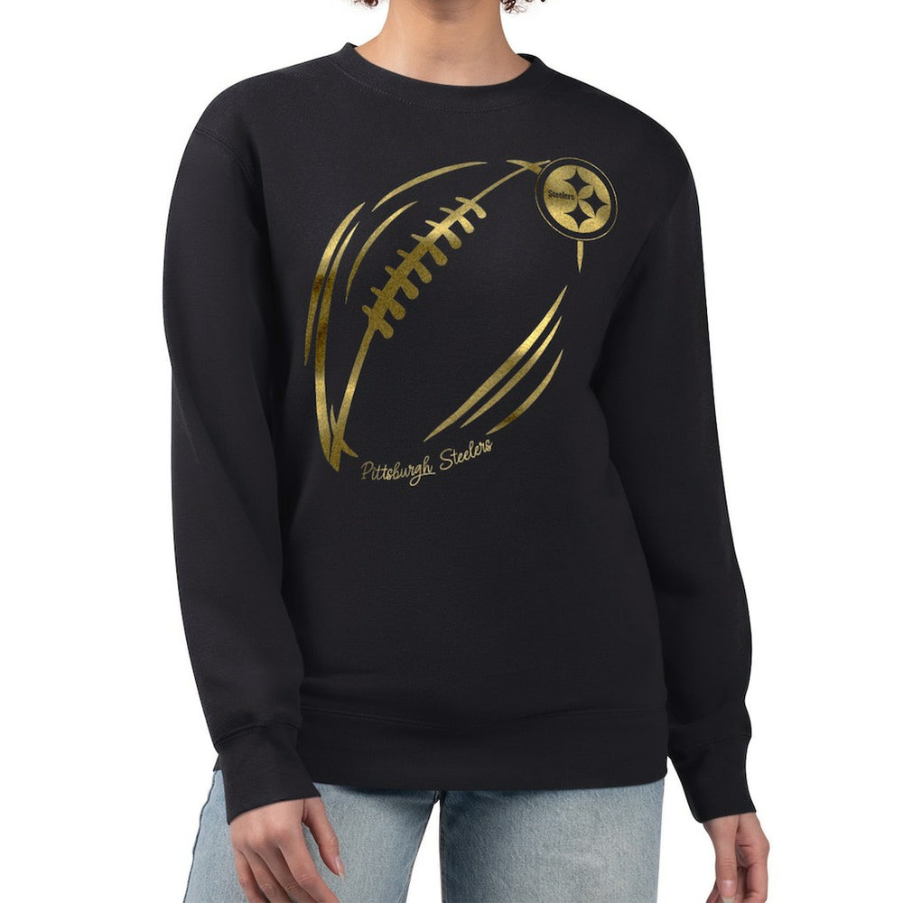 Pittsburgh Steelers G-III 4Her by Carl Banks Women's Metallic Print Football Sketch Fleece Crewneck Sweatshirt Black