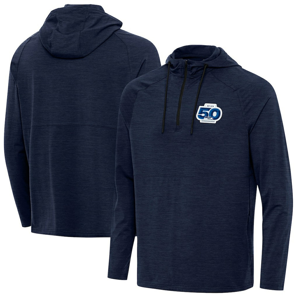 Seattle Seahawks Antigua 50th Season Spikes Raglan Quarter-Zip Hoodie College Navy