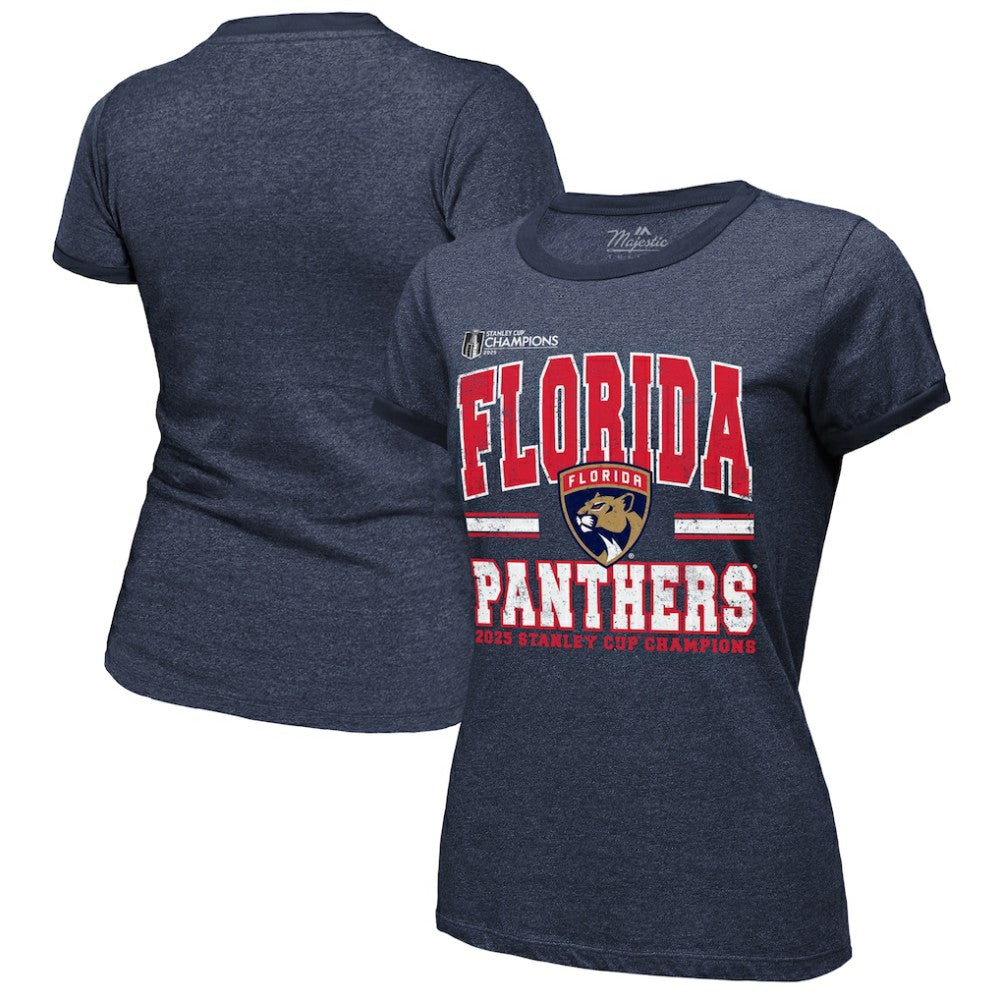 Florida Panthers Majestic Threads Women's 2025 Stanley Cup Champions Tri-Blend Ringer T-Shirt - Navy - NHL 203184901
