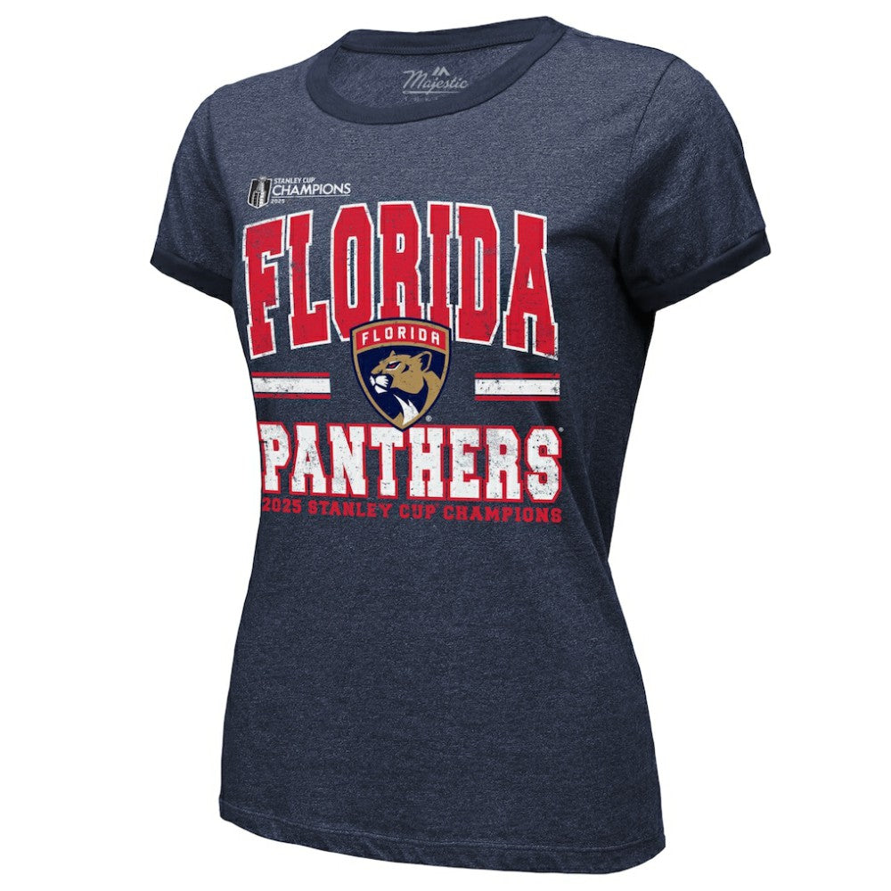 Florida Panthers Majestic Threads Women's 2025 Stanley Cup Champions Tri-Blend Ringer T-Shirt - Navy - NHL 203184901