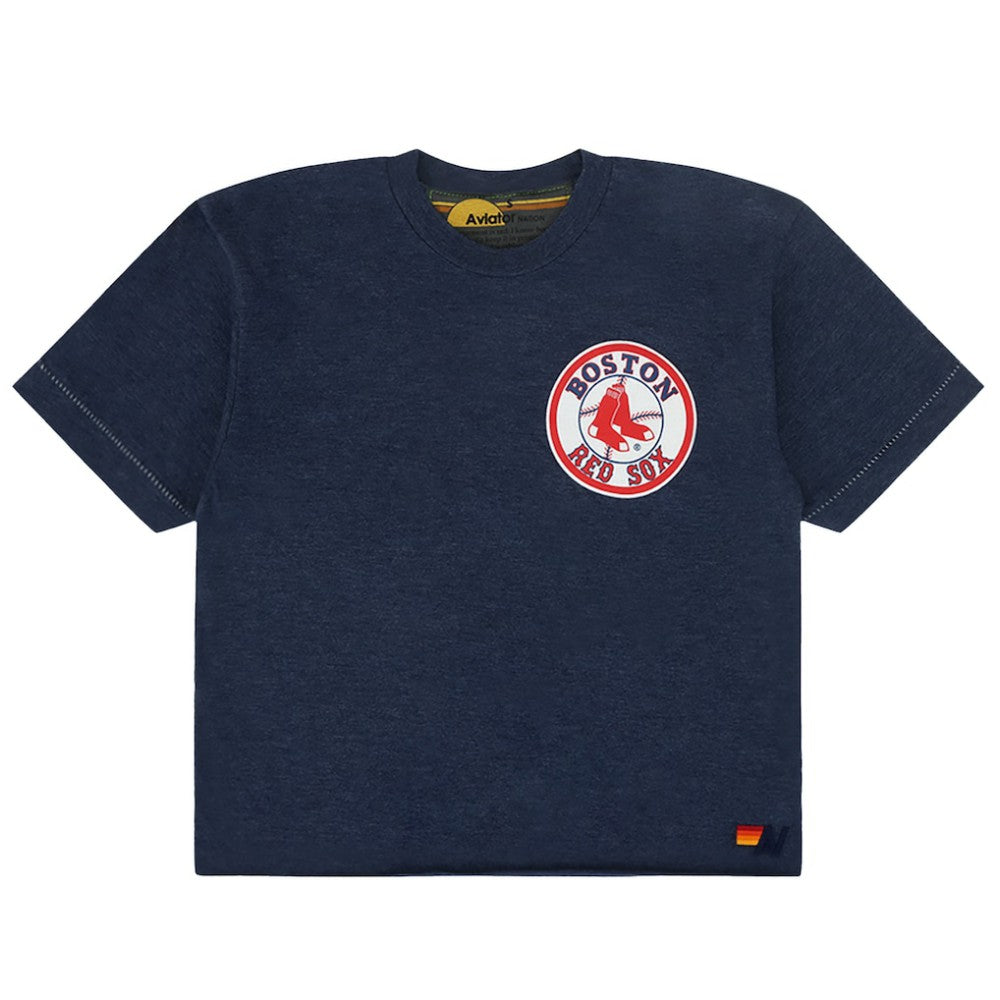 Boston Red Sox Aviator Nation x MLB Women's Cropped Boyfriend Tri-Blend T-Shirt - Navy - MLB Sale