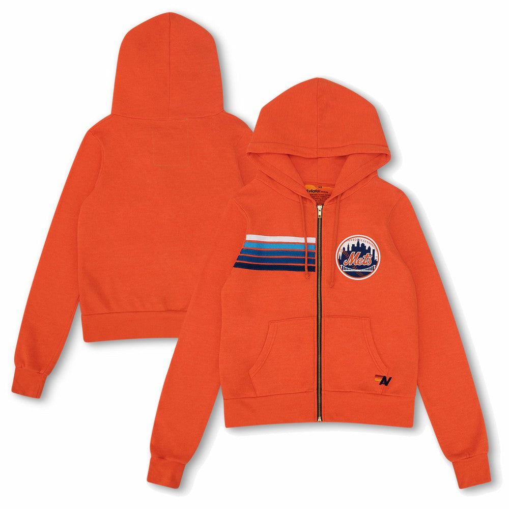 New York Mets Aviator Nation x MLB Unisex Five-Stripe Tri-Blend Full-Zip Hoodie - Orange - MLB Discount