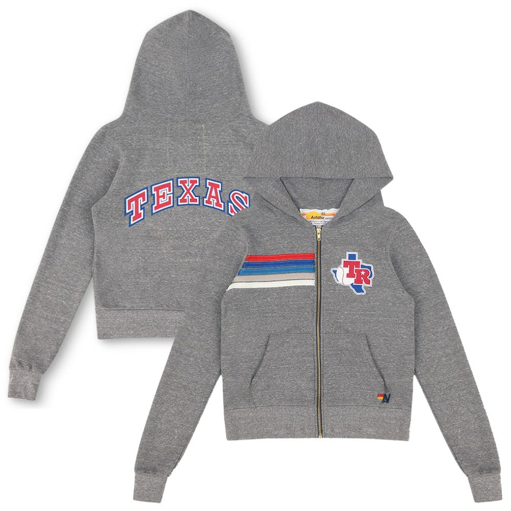 Texas Rangers Aviator Nation x MLB Unisex 5-Stripe Tri-Blend Full-Zip Hoodie - Heather Gray - MLB Lifestyle