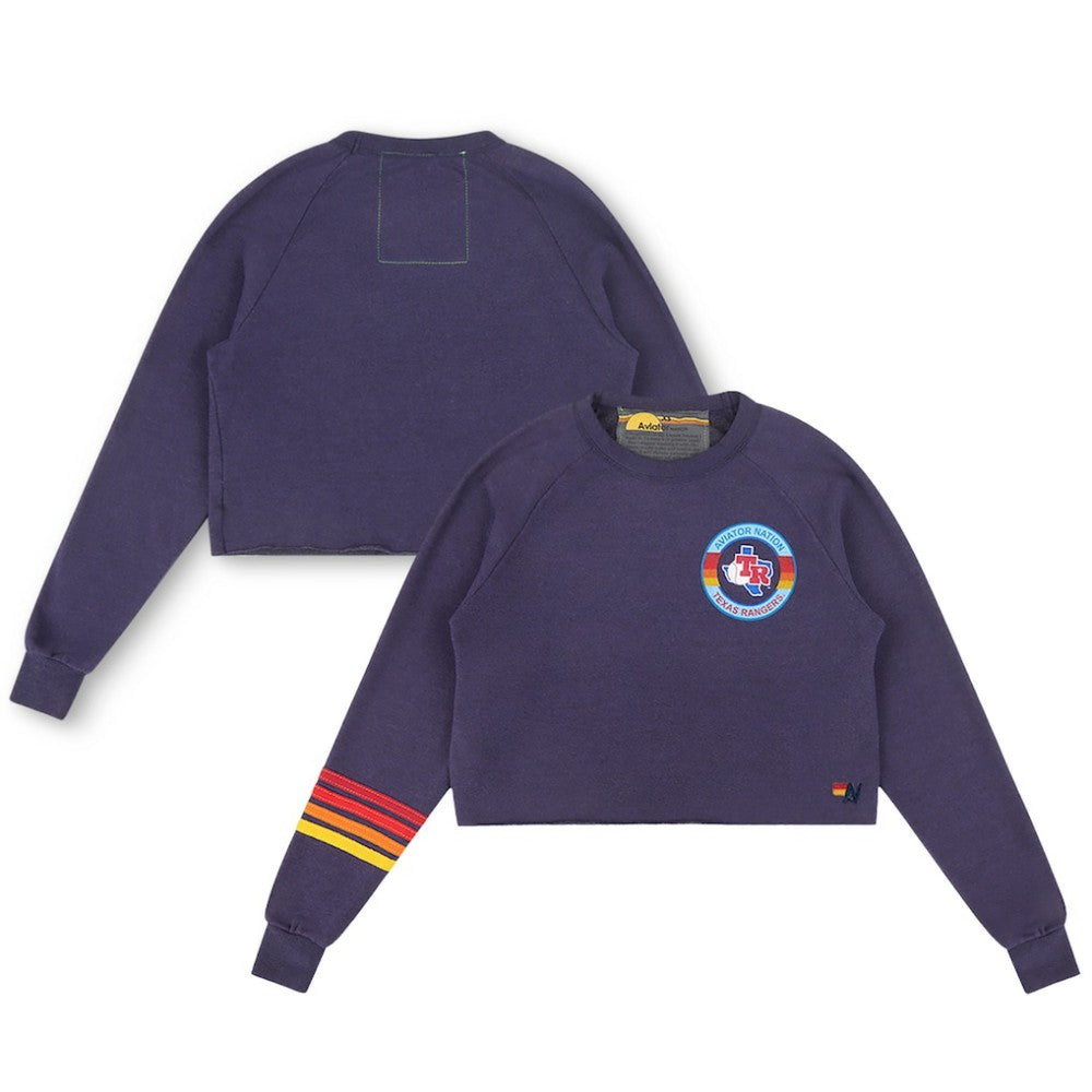 Texas Rangers Aviator Nation x MLB Women's Rugby Stitch Cropped Tri-Blend Pullover Sweatshirt - Navy - MLB Sale