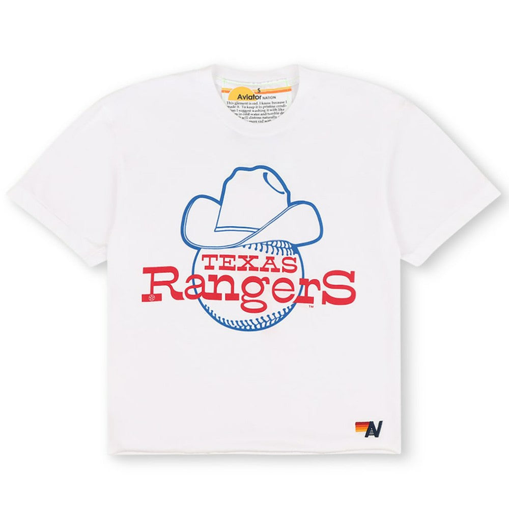 Texas Rangers Aviator Nation x MLB Women's Bolt Boyfriend Tri-Blend T-Shirt - White - MLB Sale