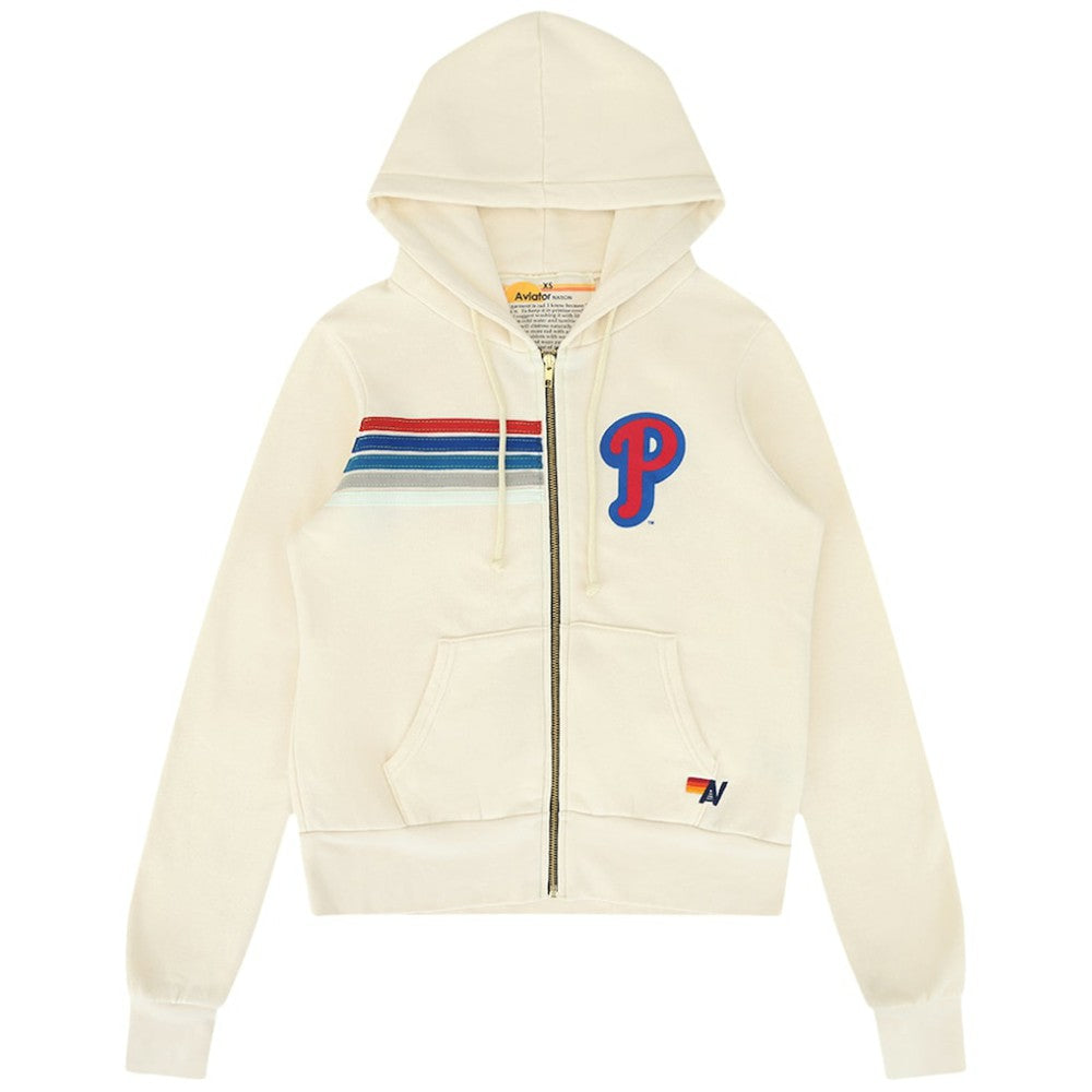 Philadelphia Phillies Aviator Nation x MLB Unisex Five-Stripe Tri-Blend Full-Zip Hoodie - Cream - MLB Online