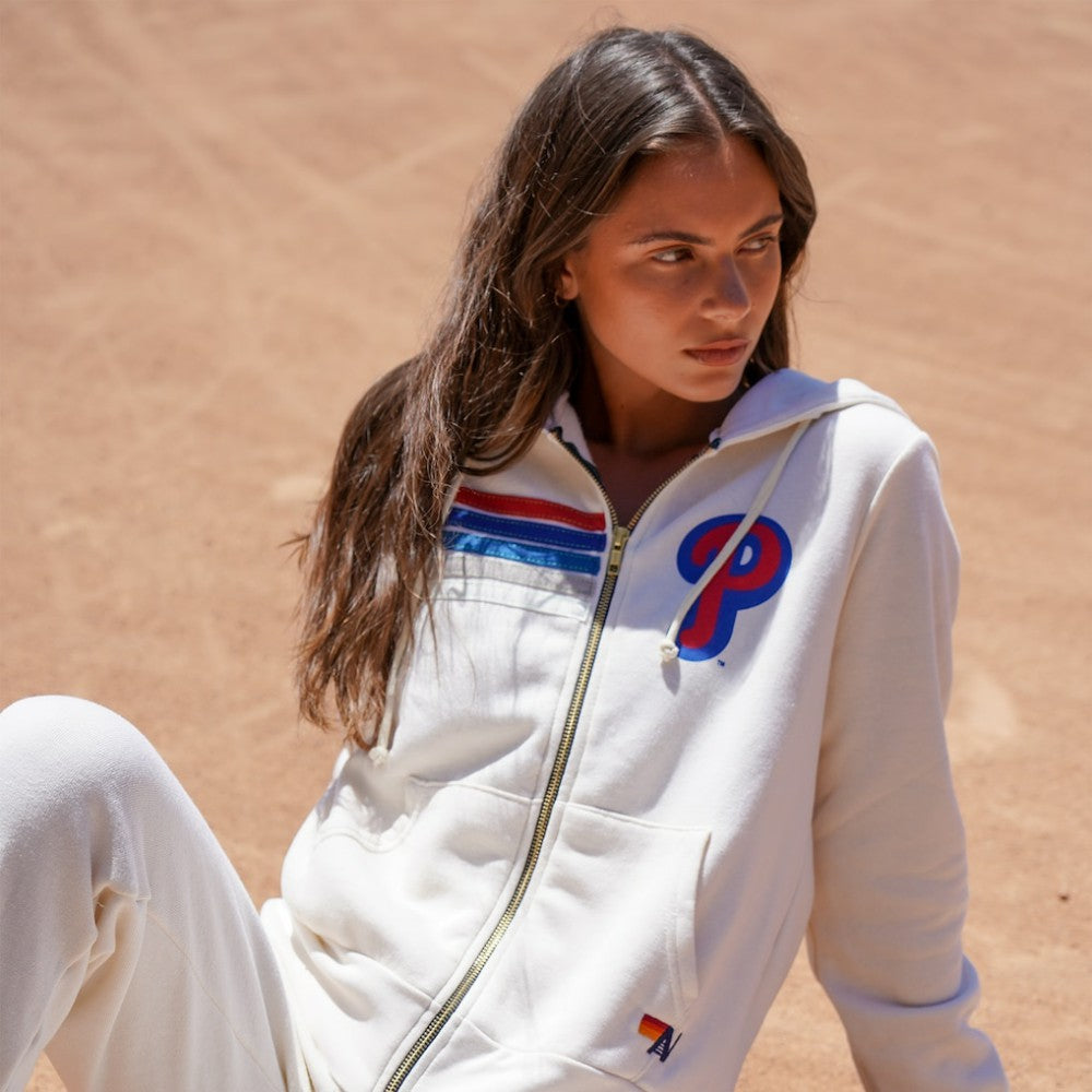 Philadelphia Phillies Aviator Nation x MLB Unisex Five-Stripe Tri-Blend Full-Zip Hoodie - Cream - MLB Online