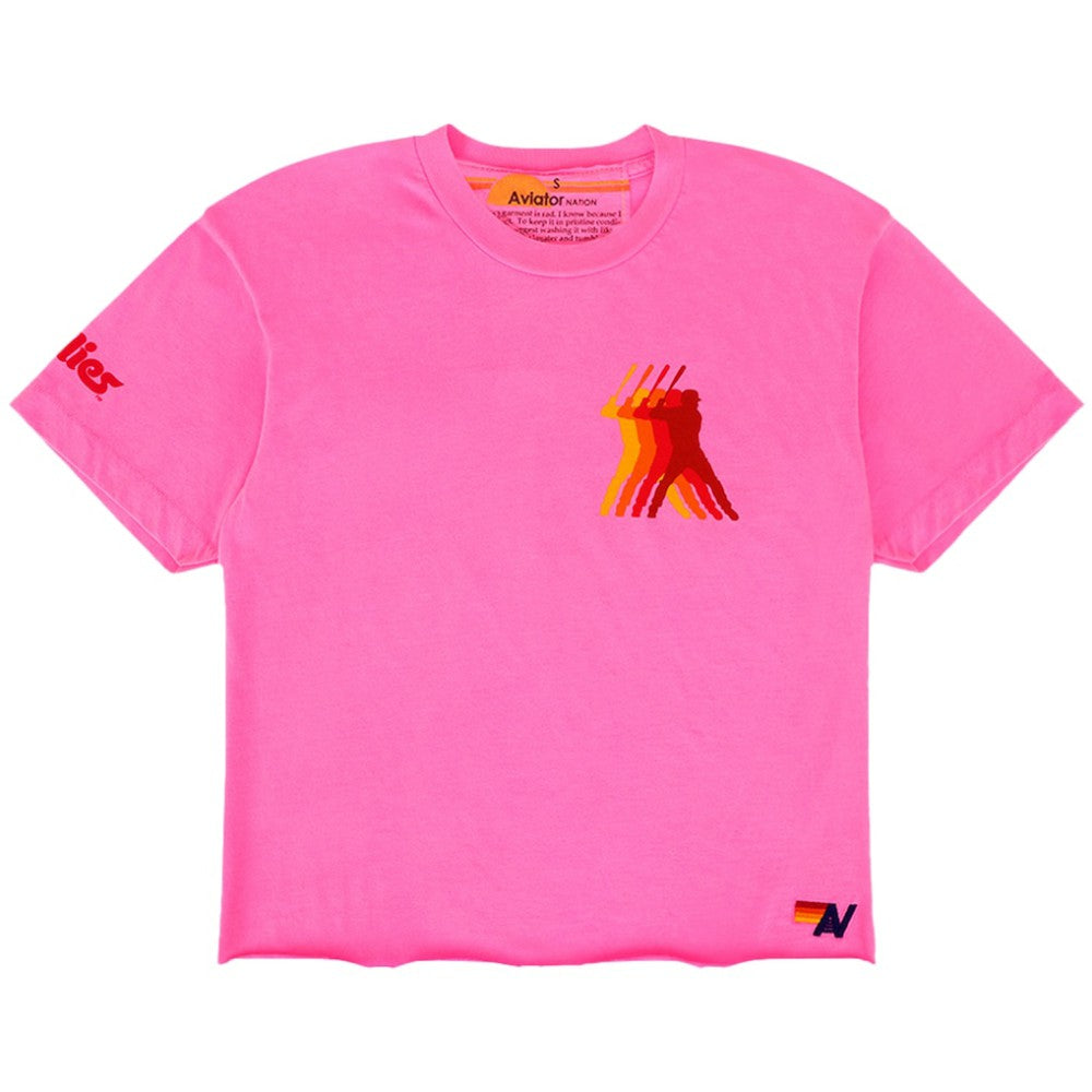 Philadelphia Phillies Aviator Nation x MLB Women's Cropped Boyfriend Tri-Blend T-Shirt - Pink - MLB Discount