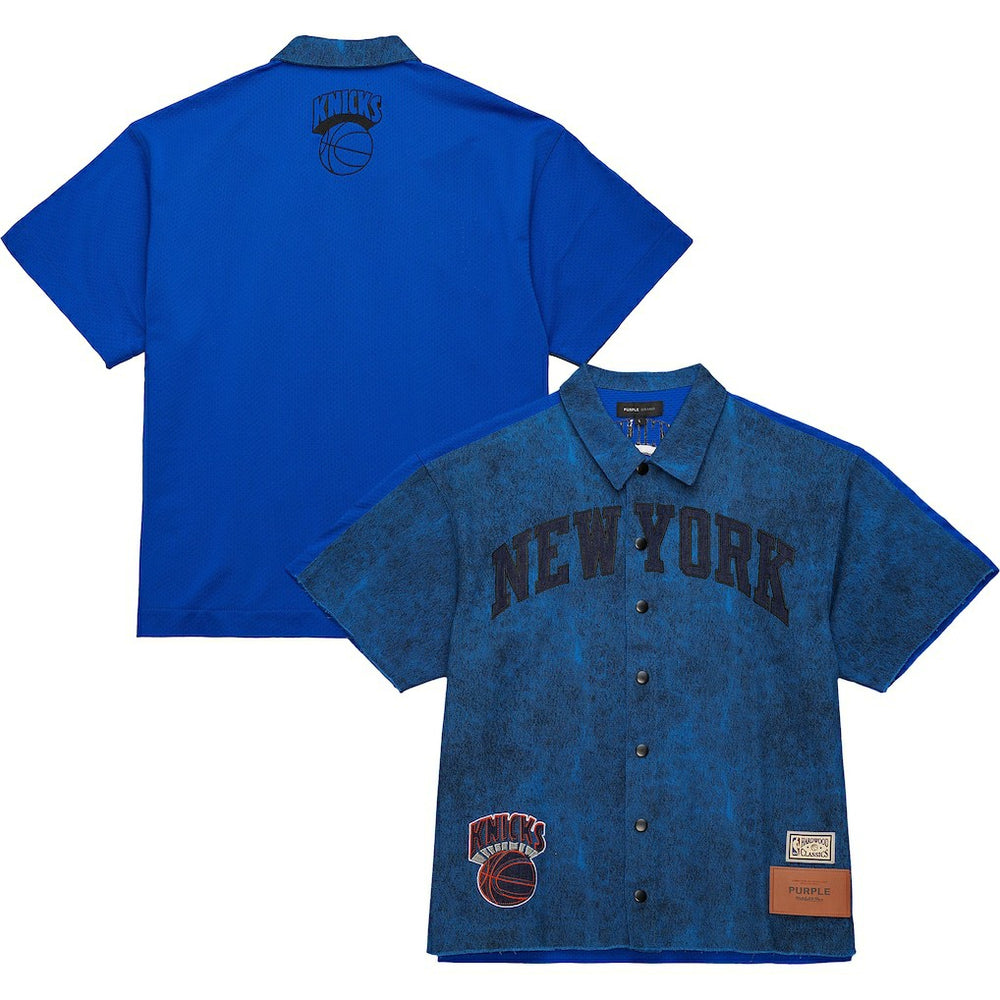 New York Knicks x Purple Brand Button-Up Shooting Shirt Navy | Mitchell & Ness Near Me