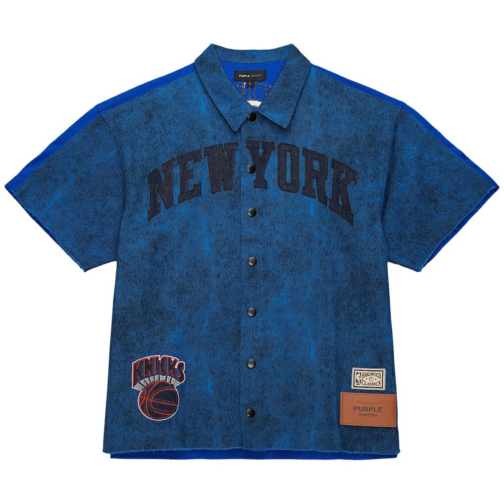New York Knicks x Purple Brand Button-Up Shooting Shirt Navy | Mitchell & Ness Near Me