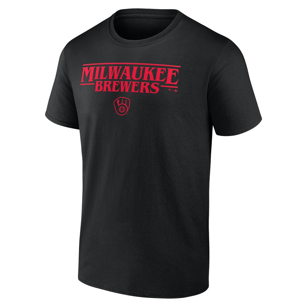 Milwaukee Brewers Stranger Things Logo Lockup T-Shirt - Black - MLB Discount