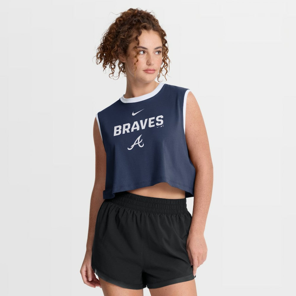 Atlanta Braves Nike Women's Primetime Loose Dri-FIT Cropped Tank Top - Navy - Nike Lifestyle
