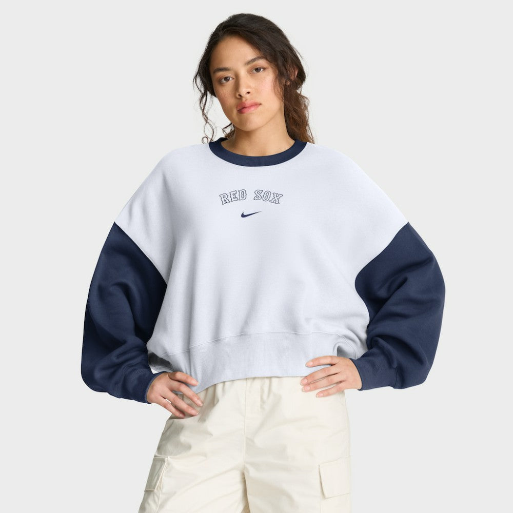 Boston Red Sox Nike Women's Oversized High Hip Fleece Sweatshirt - White/Navy - Nike on Sale