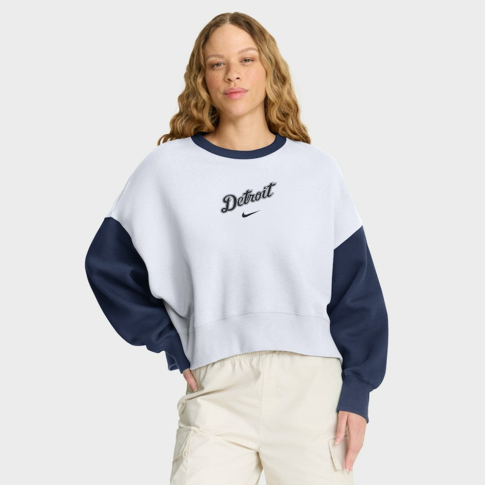 Detroit Tigers Nike Women's Oversized High Hip Fleece Sweatshirt - White/Navy - Nike Lifestyle