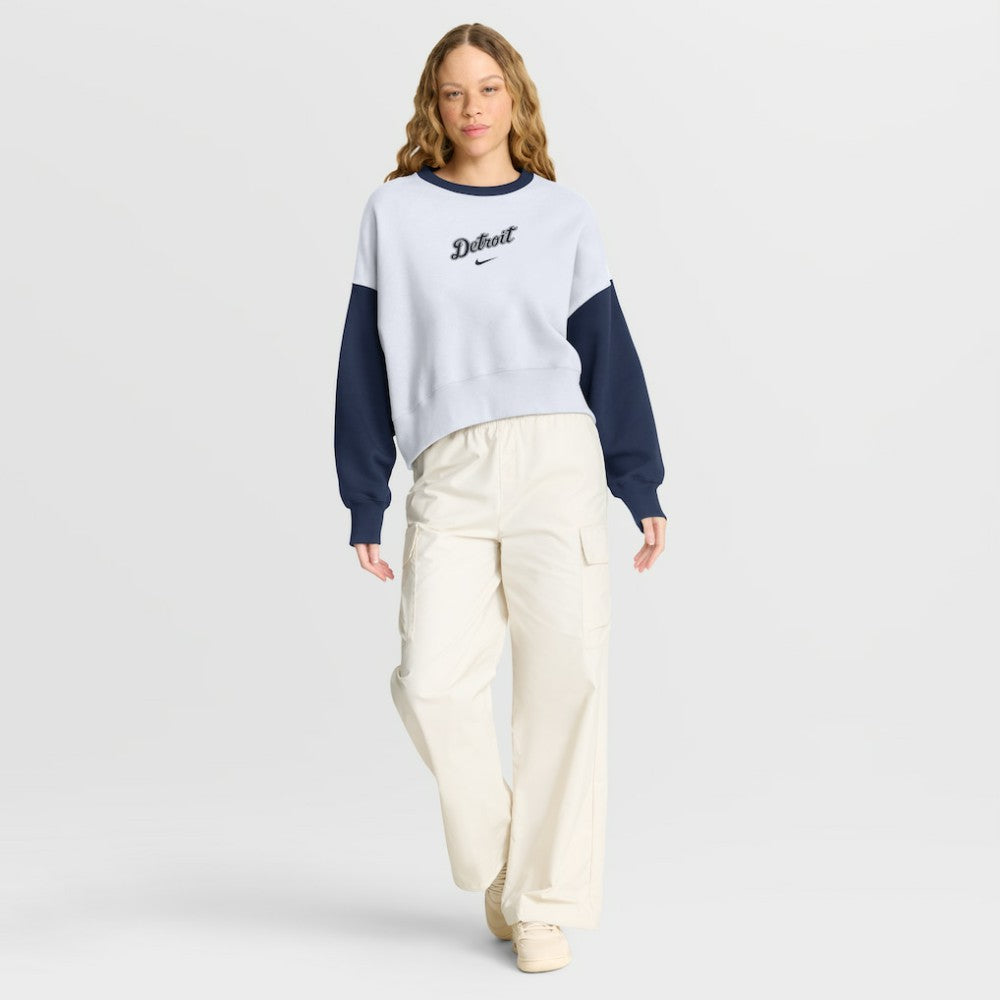 Detroit Tigers Nike Women's Oversized High Hip Fleece Sweatshirt - White/Navy - Nike Lifestyle
