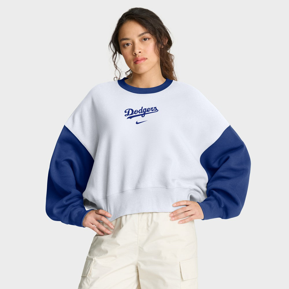 Los Angeles Dodgers Nike Women's Oversized High Hip Fleece Sweatshirt - White/Royal - Nike Lifestyle