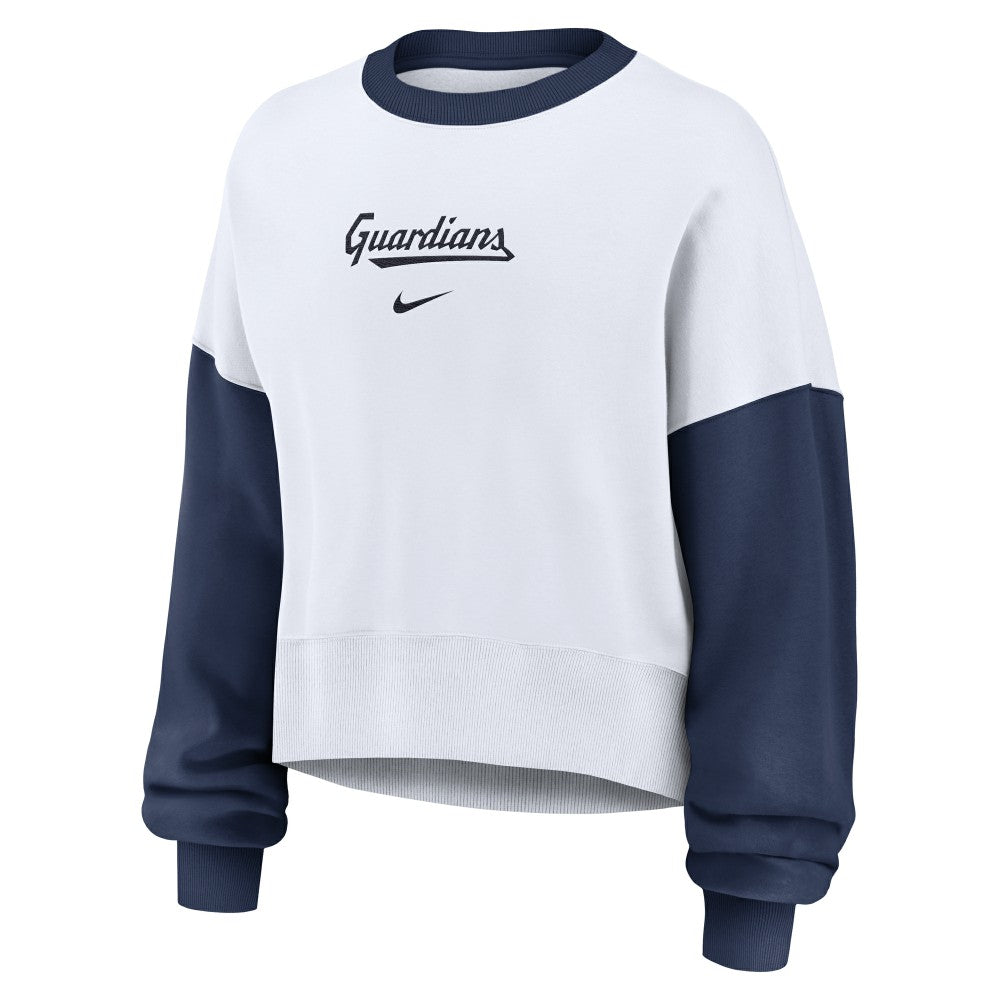 Cleveland Guardians Nike Women's Oversized High Hip Fleece Sweatshirt - White/Navy - Nike Lifestyle