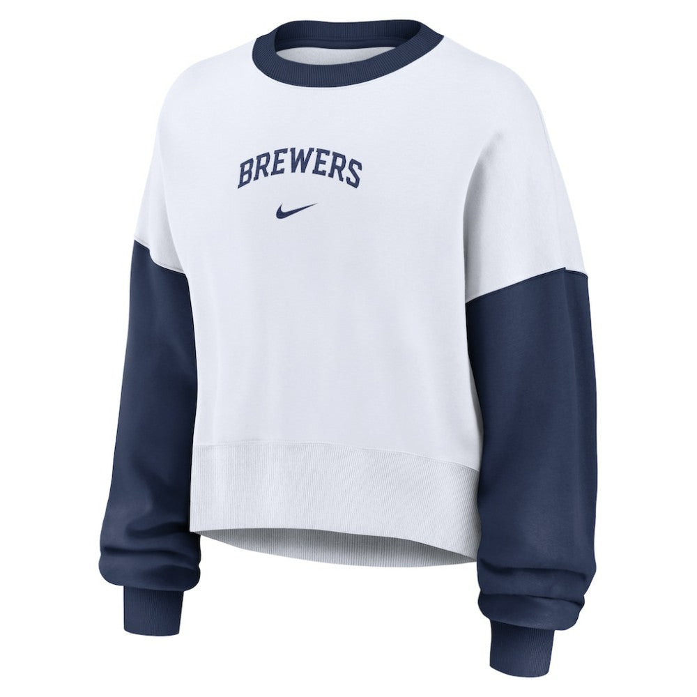 Milwaukee Brewers Nike Women's Oversized High Hip Fleece Sweatshirt - White/Navy - Nike on Sale
