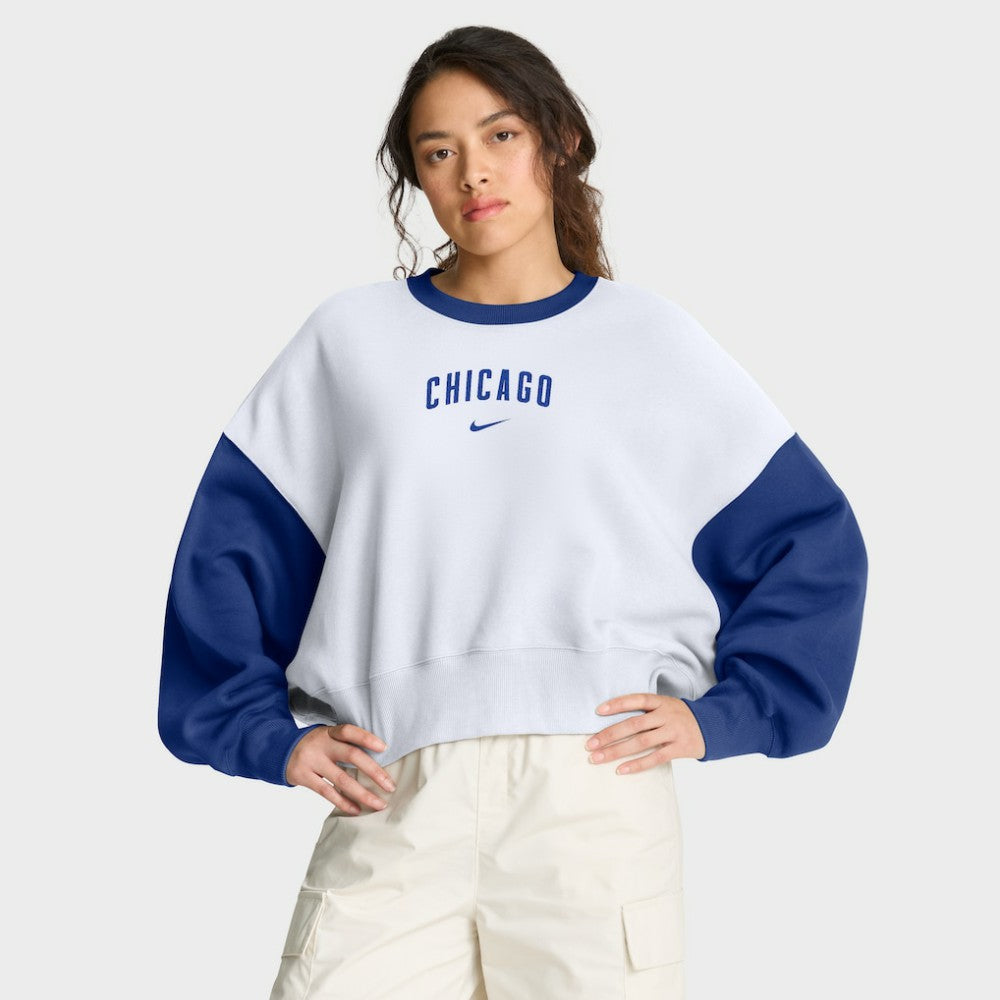 Chicago Cubs Nike Women's Oversized High Hip Fleece Sweatshirt - White/Royal - Nike Discount