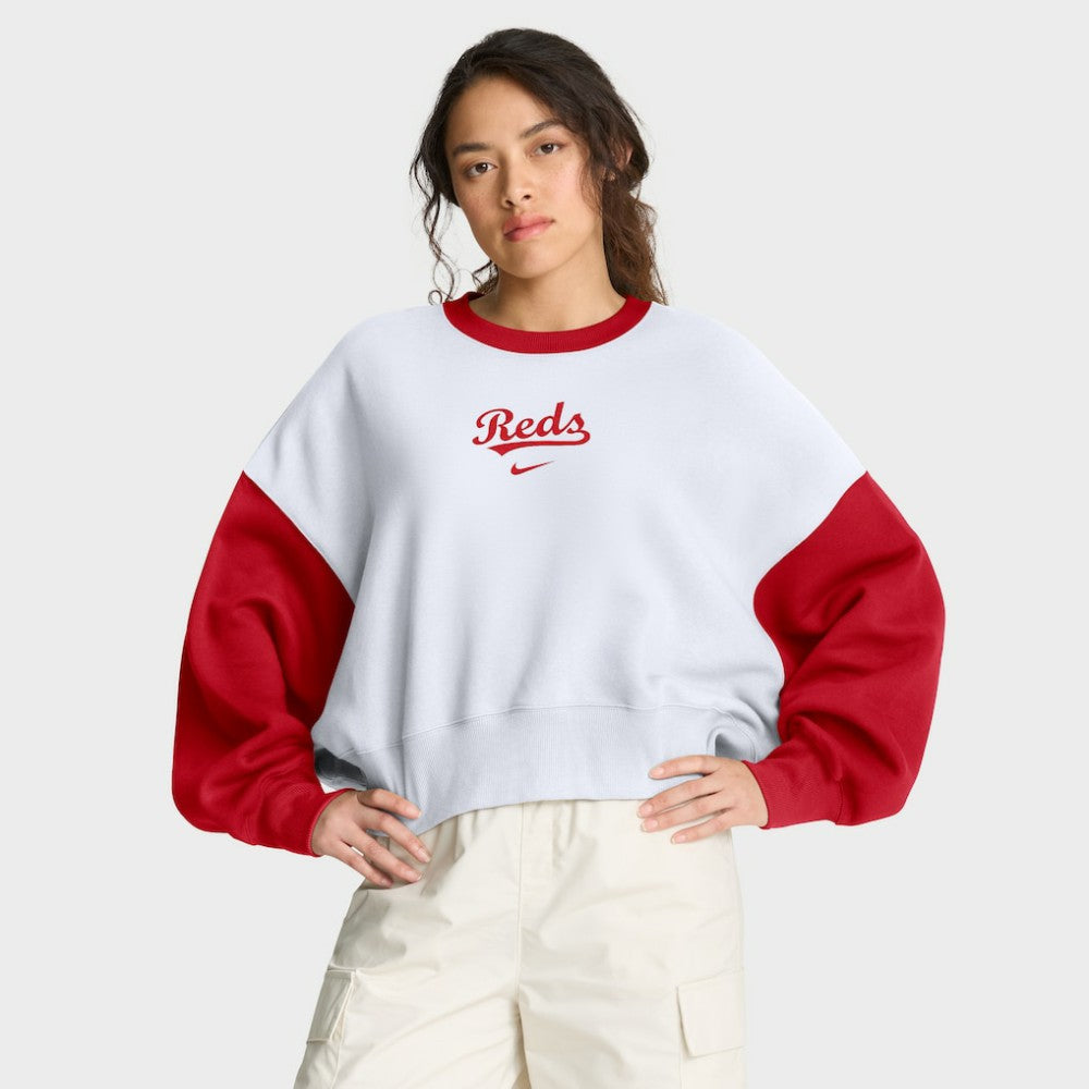 Cincinnati Reds Nike Women's Oversized High Hip Fleece Sweatshirt - White/Red - Nike Lifestyle