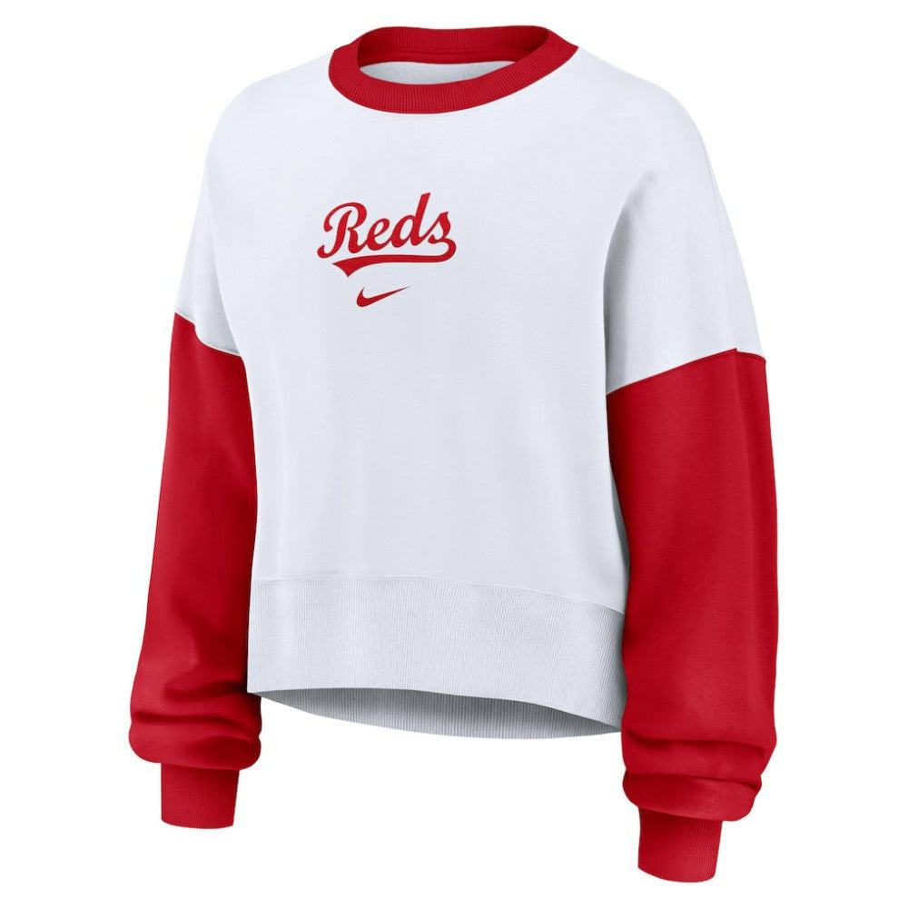 Cincinnati Reds Nike Women's Oversized High Hip Fleece Sweatshirt - White/Red - Nike Lifestyle
