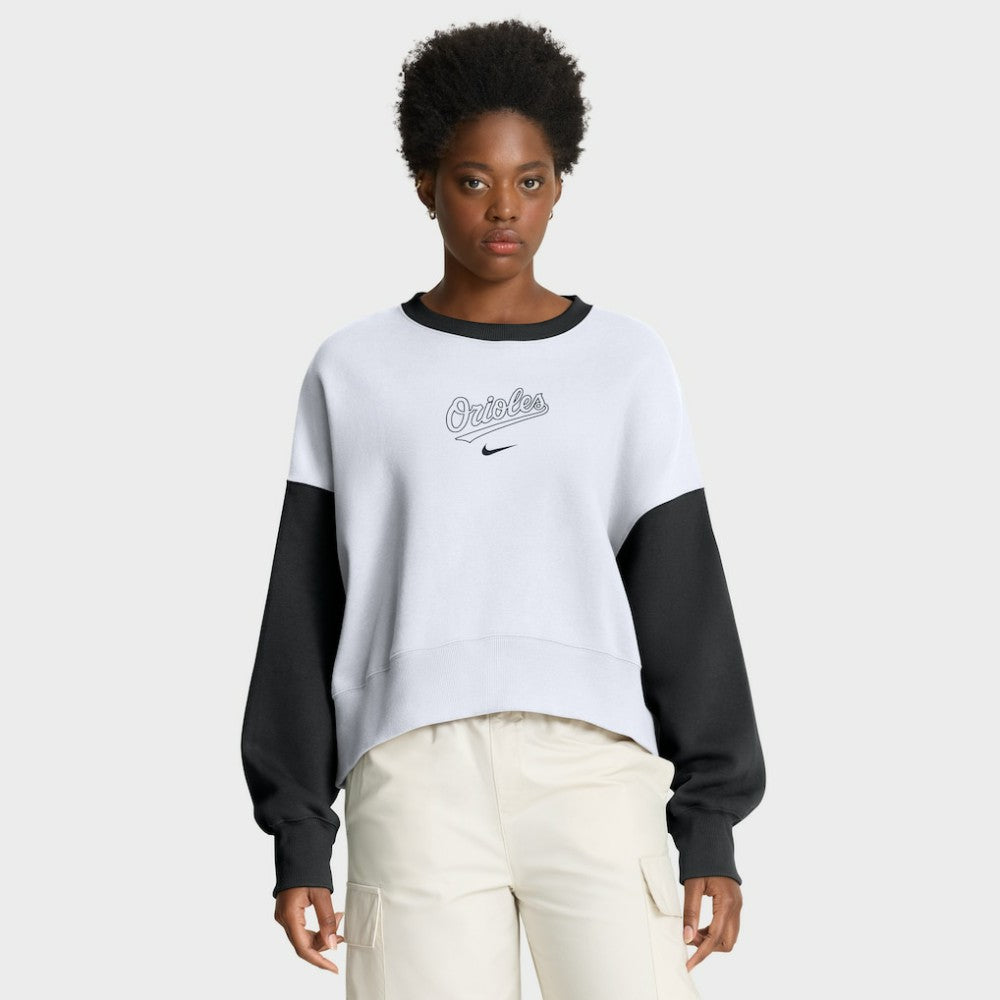 Baltimore Orioles Nike Women's Oversized High Hip Fleece Sweatshirt - White/Black - Nike on Sale