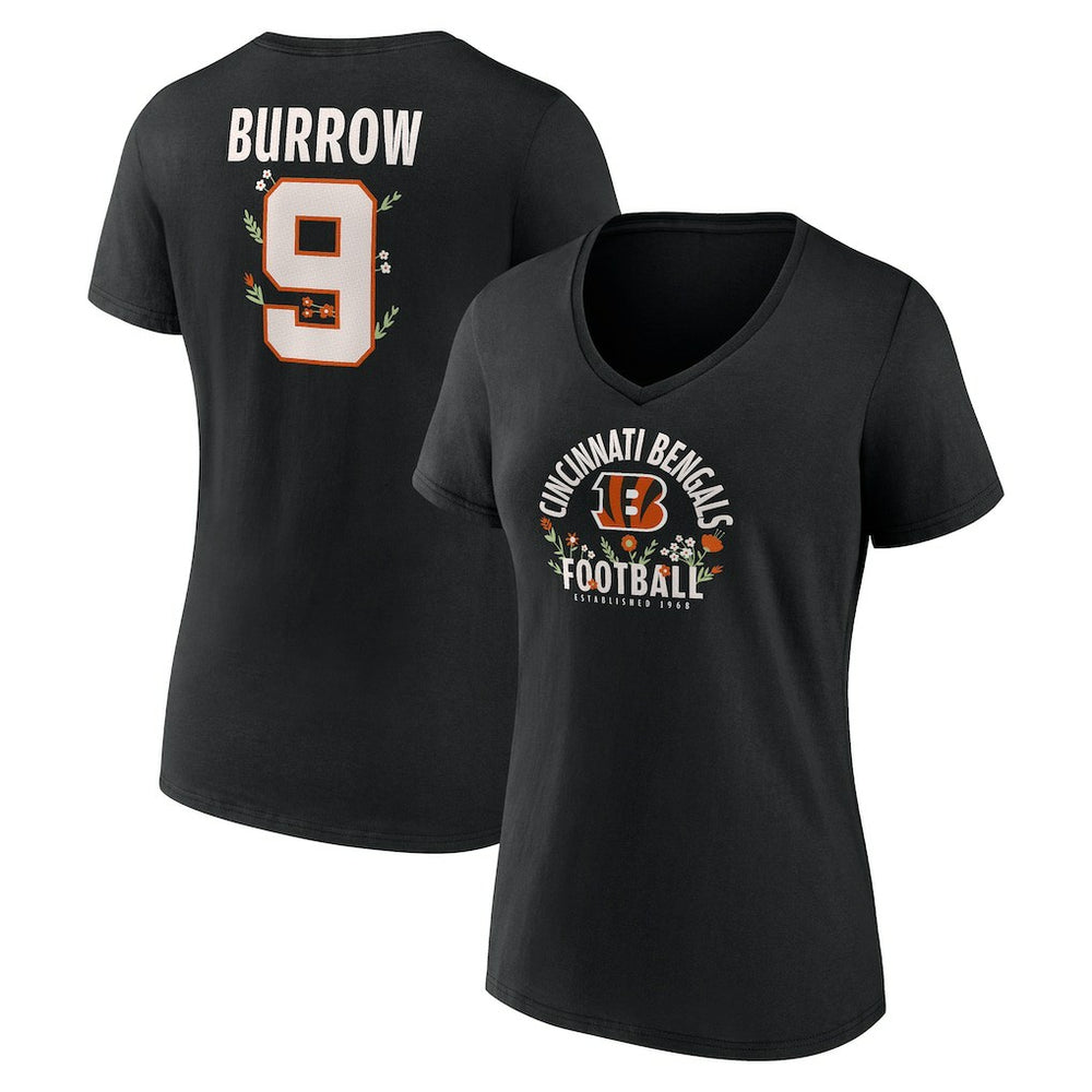 Joe Burrow Cincinnati Bengals Women's Floral Name & Number V-Neck T-Shirt Black