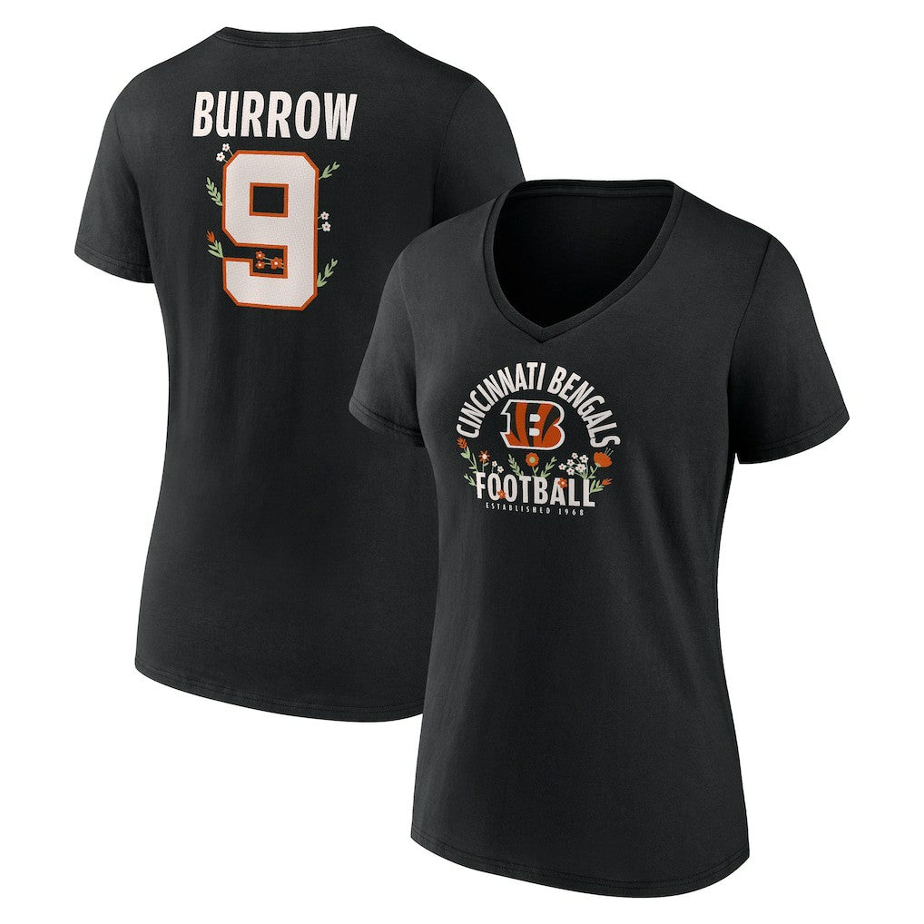 Joe Burrow Cincinnati Bengals Women's Floral Name & Number V-Neck T-Shirt Black
