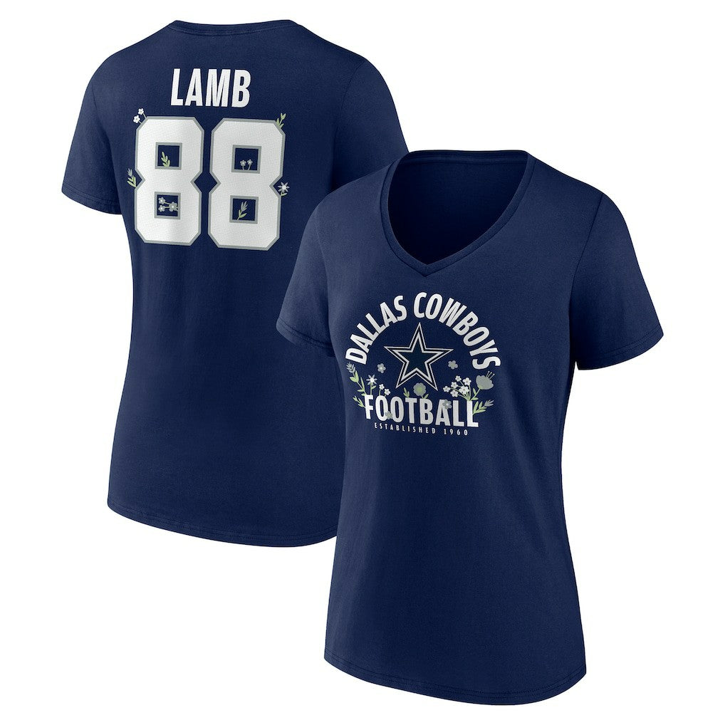 CeeDee Lamb Dallas Cowboys Women's Floral Name & Number V-Neck T-Shirt Navy