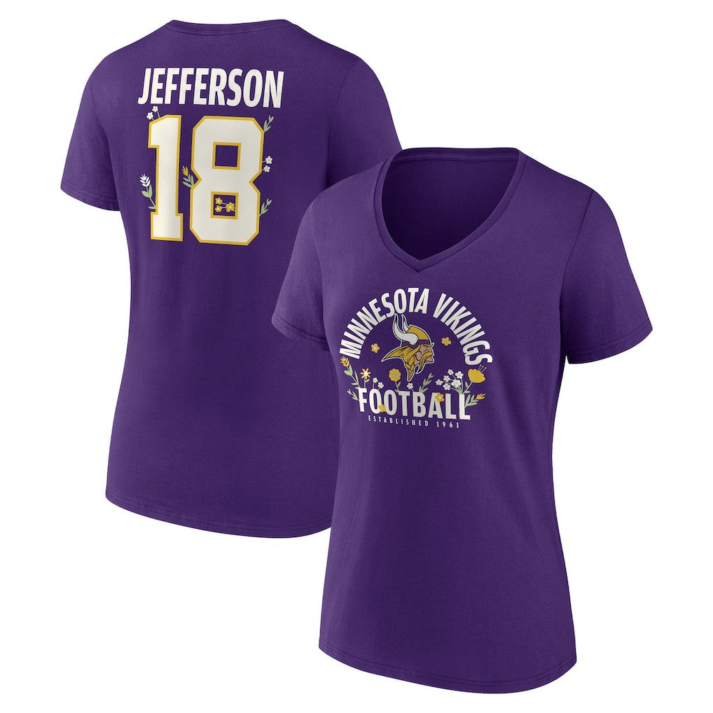 Justin Jefferson Minnesota Vikings Women's Floral Name & Number V-Neck T-Shirt Purple