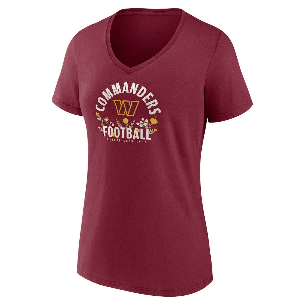 Jayden Daniels Washington Commanders Women's Floral Name & Number V-Neck T-Shirt Garnet