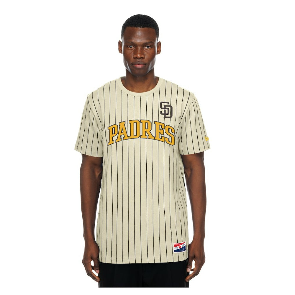 San Diego Padres New Era Throwback Meshback Pinstripe T-Shirt - Cream - New Era Discount
